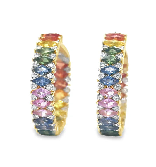14KT YELLOW GOLD MULTI SAPPHIRE AND DIAMONDS HOOP EARRING