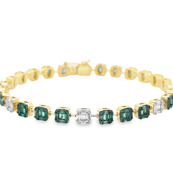 14KT YELLOW GOLD EMERALD AND DIAMONDS TENNIS BRACELET
