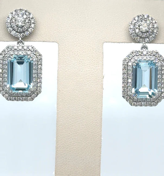14K WHITE GOLD AQUAMARINE AND DIAMOND EARRING