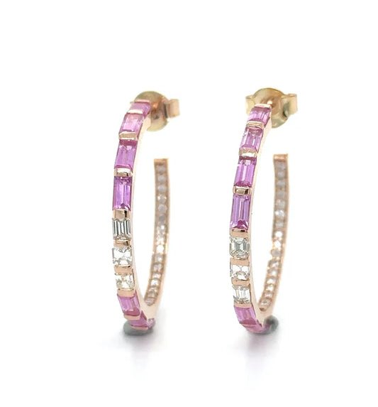 18KT ROSE GOLD PINK SAPPHIRE AND DIAMONDS HOOP EARRING