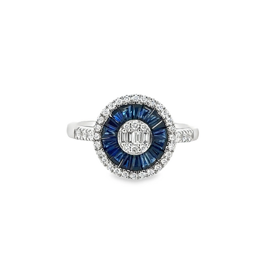 14KT WHITE GOLD BLUE SAPPHIRE AND DIAMONDS ROUND RING
