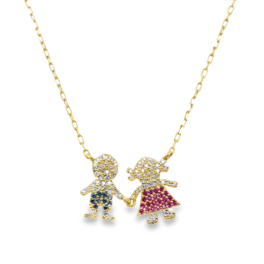 14KT GOLD RUBY BLUE SAPPHIRE AND DIAMOND BOY AND GIRL PENDANT NECKLACE