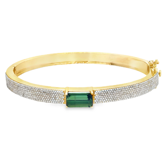 14KT YELLOW GOLD GREEN TOURMALINE AND DIAMONDS BANGLE
