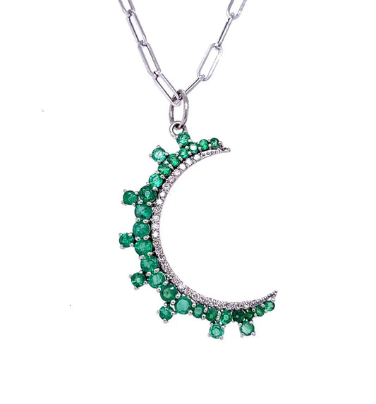 14KT WHITE GOLD EMERALD MOON PENDANT WITH DIAMONDS