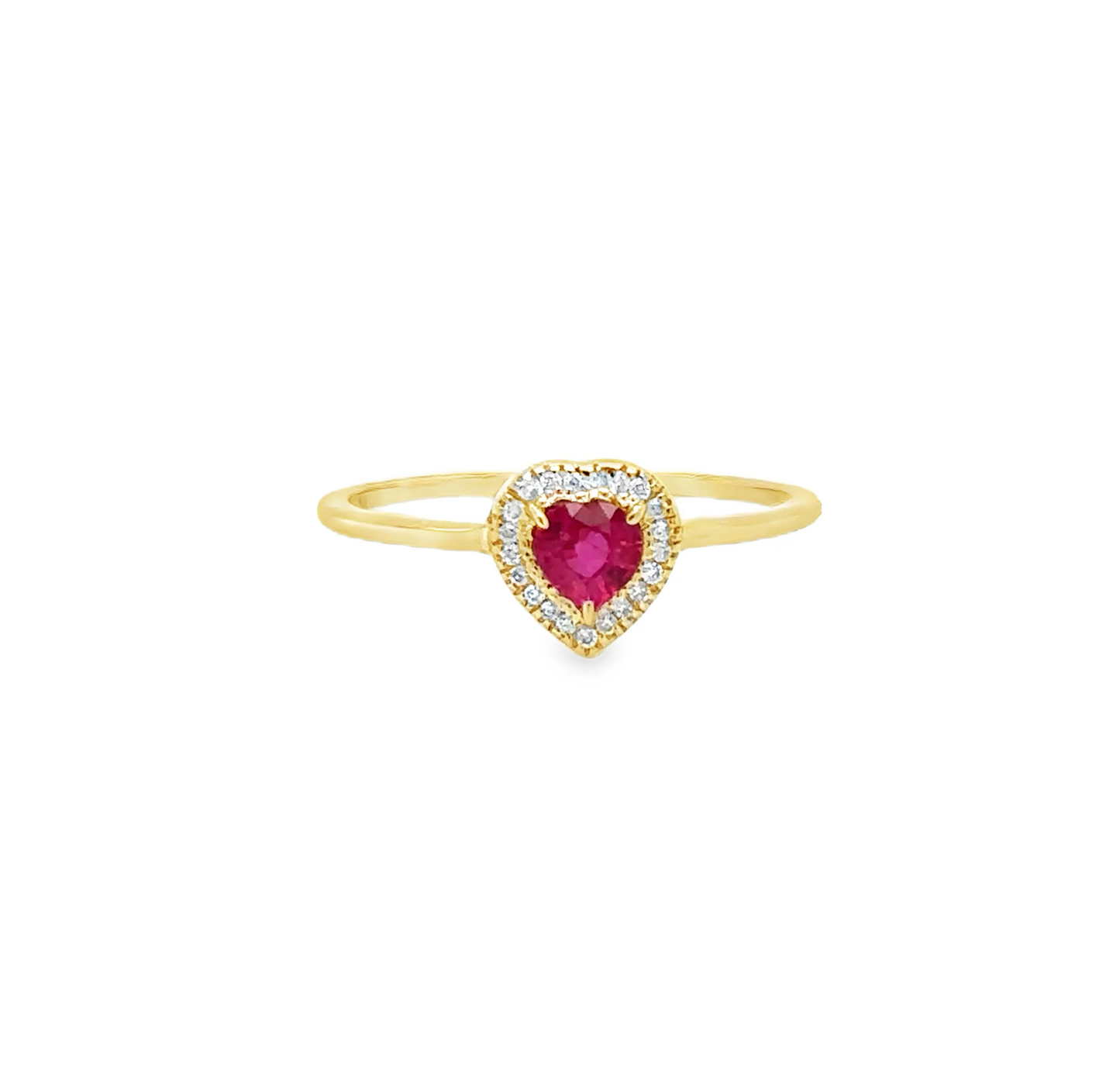 14KT YELLOW GOLD HEART SHAPE RUBY AND DIAMONDS RING