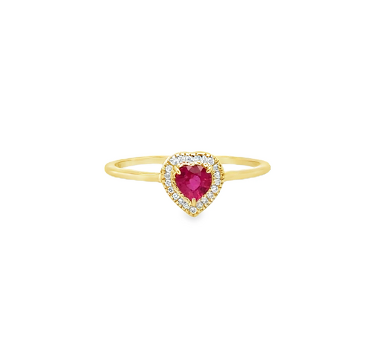 14KT YELLOW GOLD HEART SHAPE RUBY AND DIAMONDS RING
