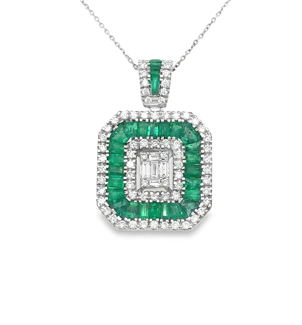 14KT WHITE GOLD EMERALD AND DIAMONDS PENDANT