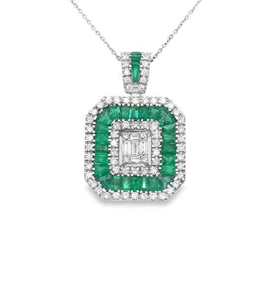 14KT WHITE GOLD EMERALD AND DIAMONDS PENDANT
