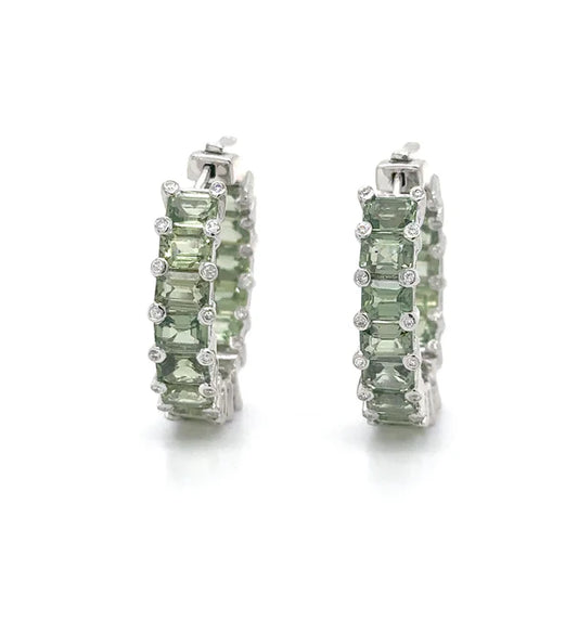 18KT YELLOW GOLD GREEN SAPPHIRE AND DIAMOND HOOP EARRING