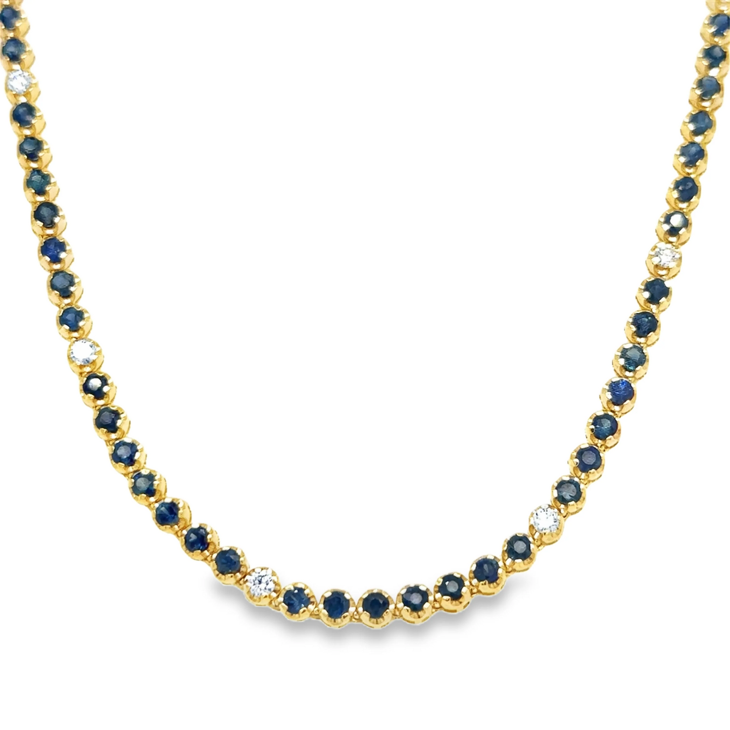 14KT GOLD BLUE SAPPHIRE AND DIAMOND TENNIS NECKLACE