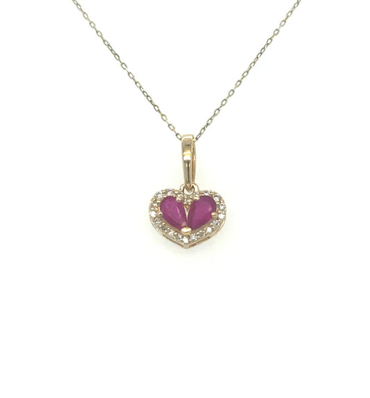 14KT YELLOW GOLD HEART PENDANT WITH RUBY AND DIAMONDS