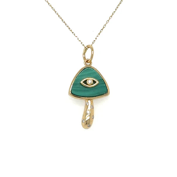 14KT YELLOW GOLD MALACHITE MUSHROOM PENDANT WITH DIAMONDS