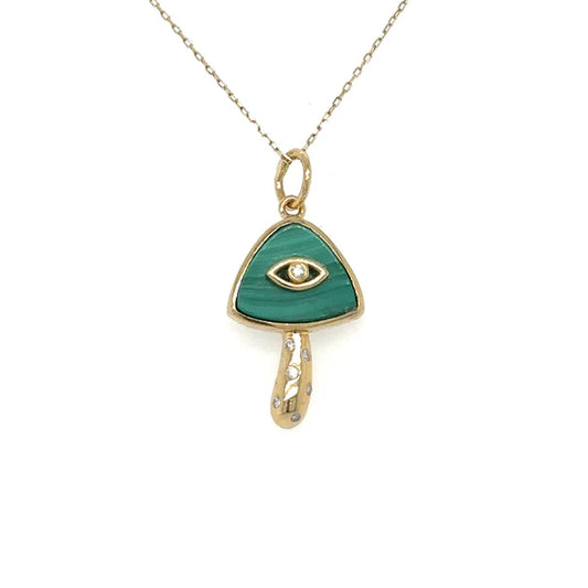 14KT YELLOW GOLD MALACHITE MUSHROOM PENDANT WITH DIAMONDS