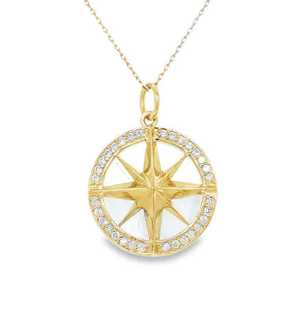 14KT YELLOW GOLD CLEAR QUARTZ COMPASS PENDANT WITH DIAMONDS