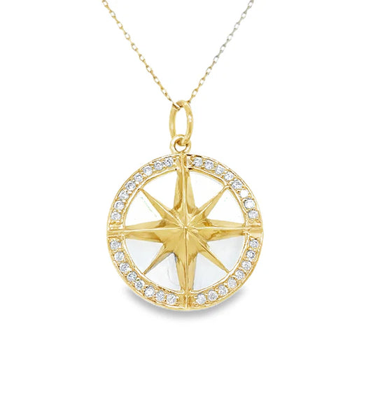 14KT YELLOW GOLD CLEAR QUARTZ COMPASS PENDANT WITH DIAMONDS