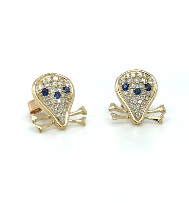 14KT YELLOW GOLD SAPPHIRE AND DIAMONDS SKULL EARRING