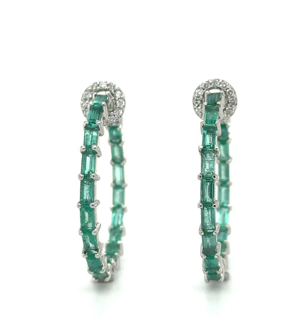 14KT WHITE GOLD EMERALD AND DIAMONDS HOOP EARING