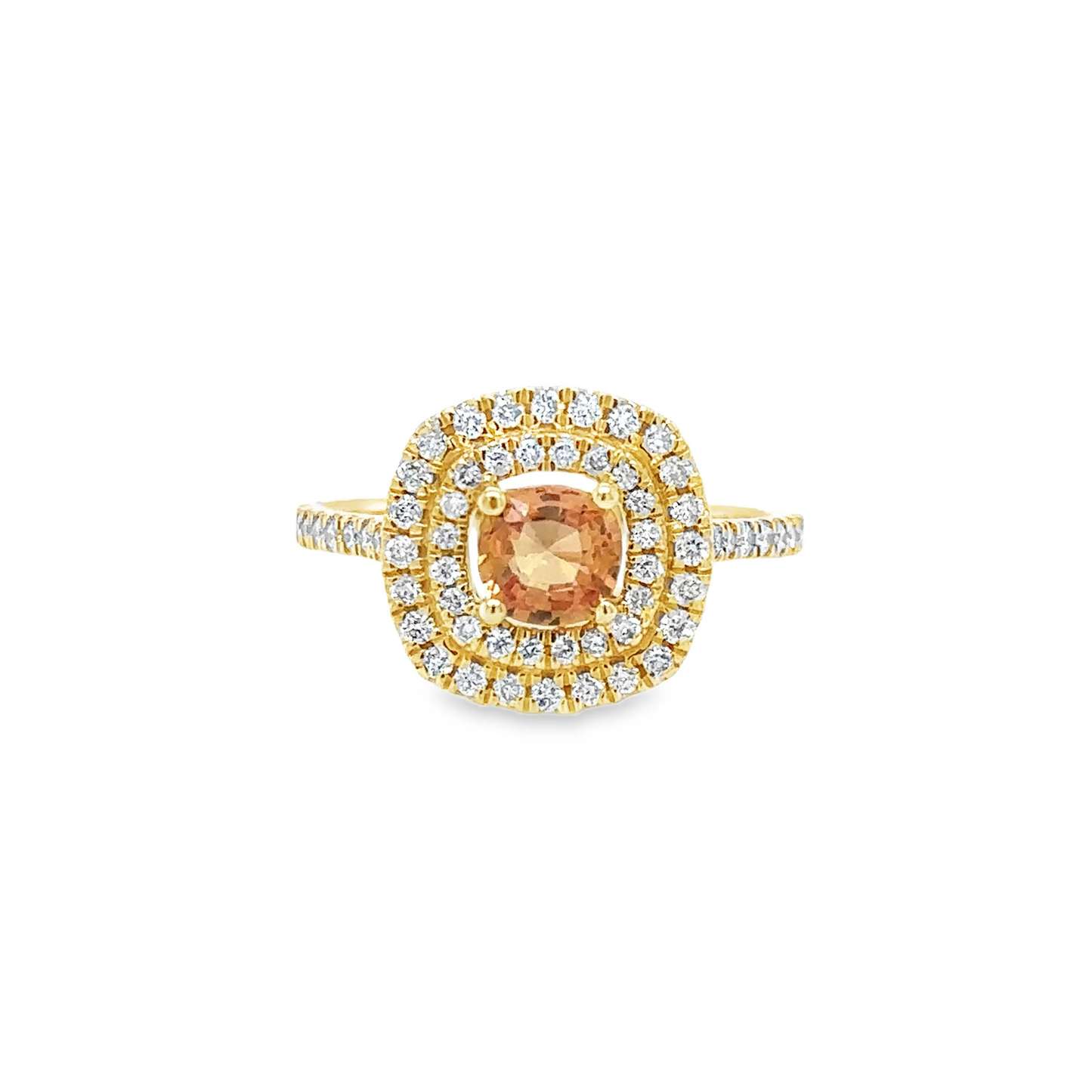 14KT GOLD DIAMOND & ORANGE SAPPHIRE CUSHION SHAPE RING