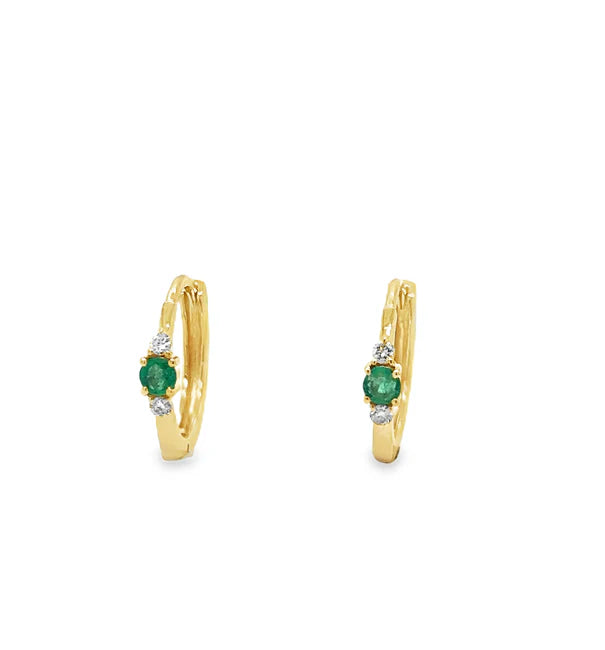 14KT YELLOW GOLD EMERALD AND DIAMONDS HUGGIES