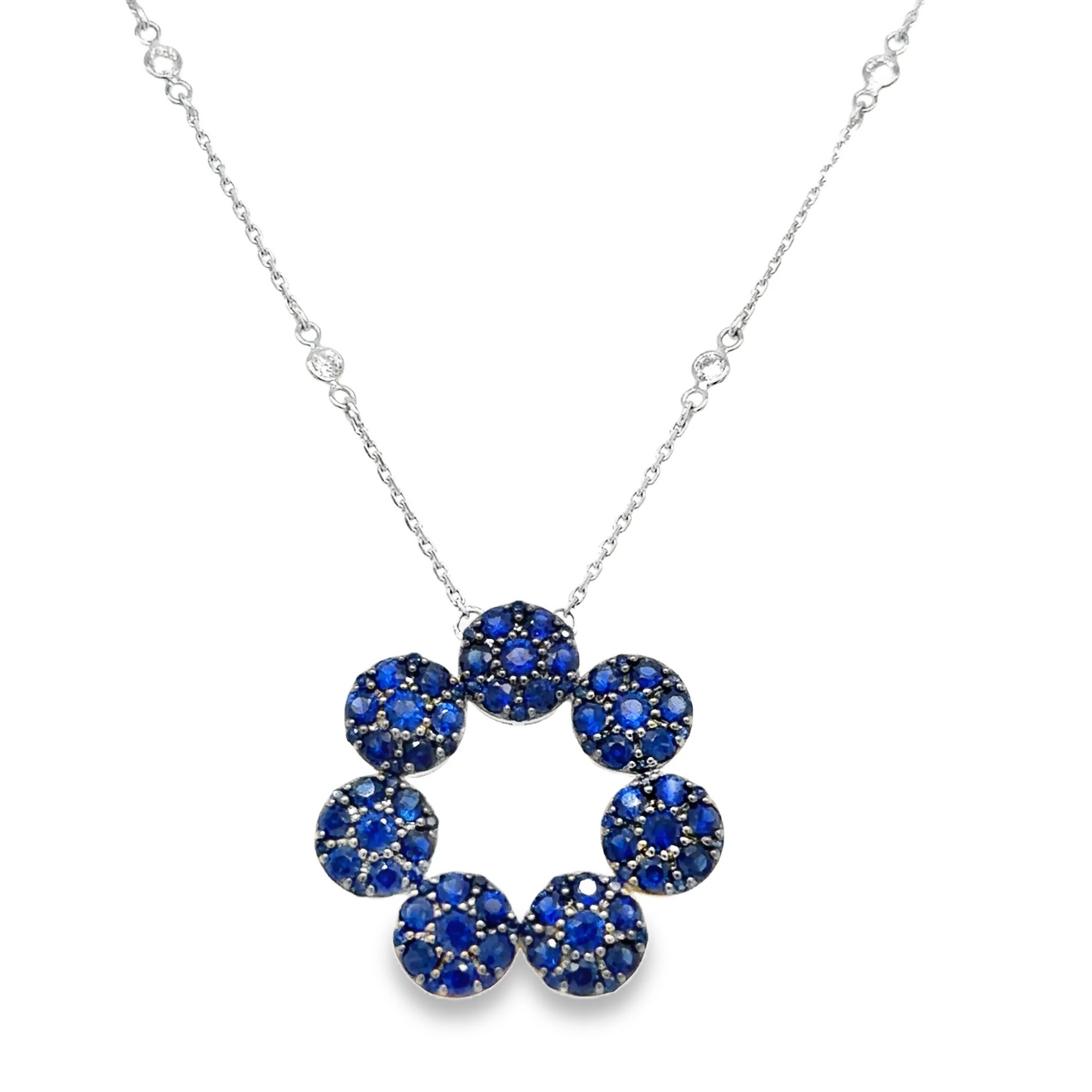 18KT WHITE GOLD DIAMOND AND BLUE SAPPHIRE NECKLACE