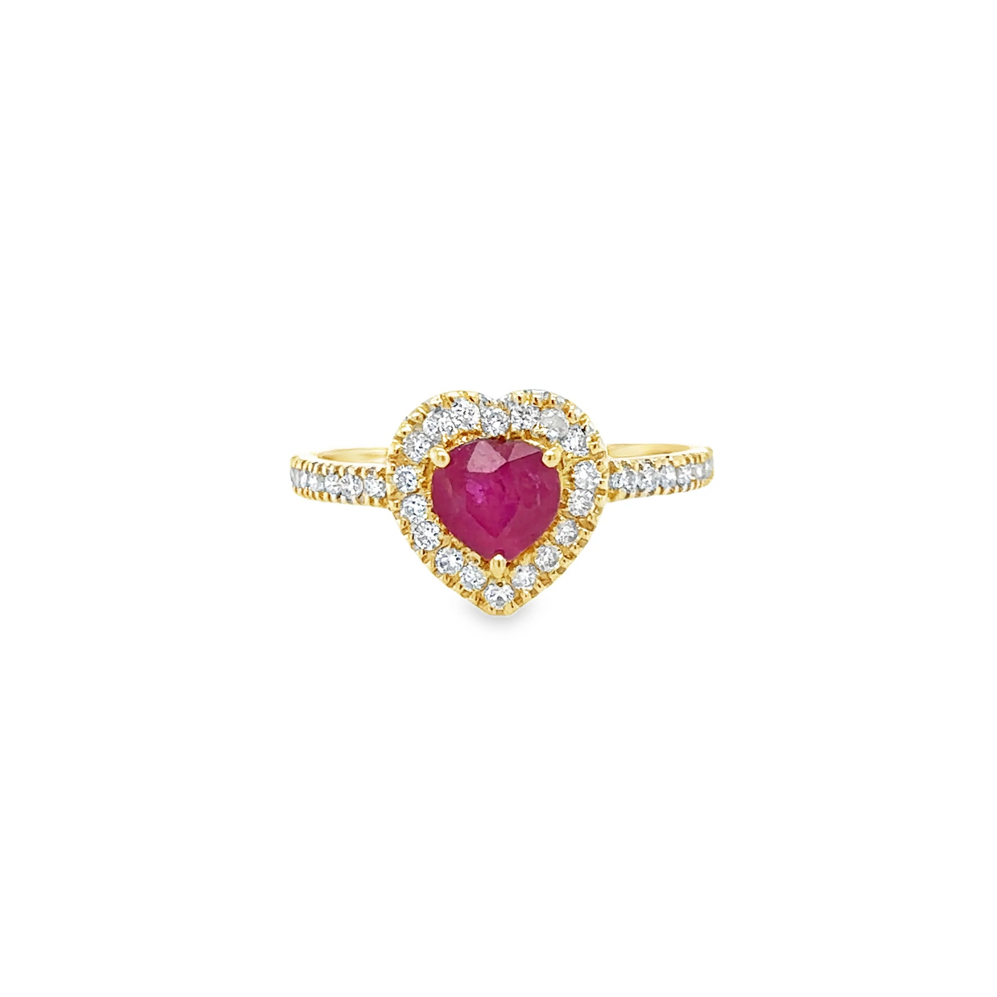 14KT YELLOW GOLD HEART SHAPE RUBY AND DIAMONDS RING