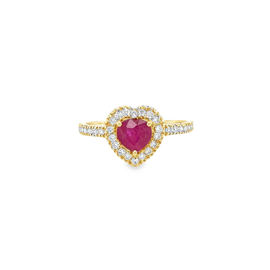14KT YELLOW GOLD HEART SHAPE RUBY AND DIAMONDS RING