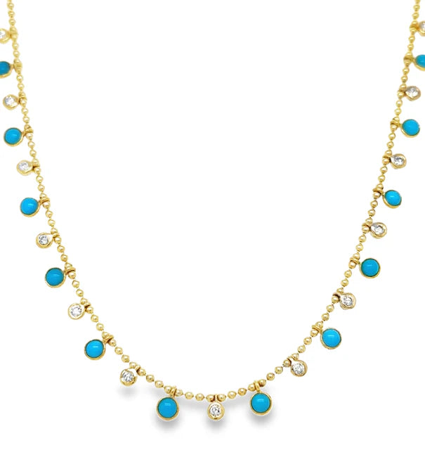 14KT YELLOW GOLD ROUND SHAPE TURQUOISE AND DIAMOND DANGLING NECKLACE