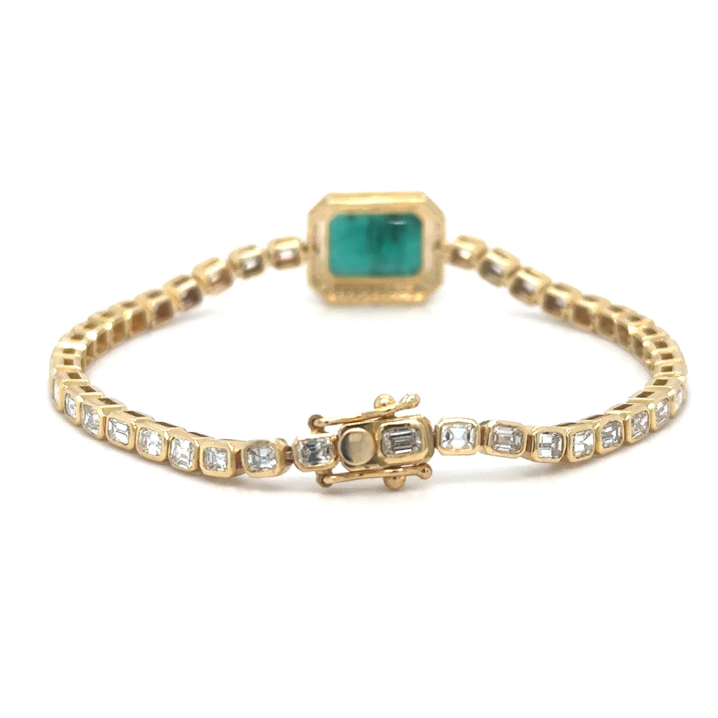 18KT YELLOW GOLD EMERALD OCT AND DIAMONDS TENNIS BRACELET