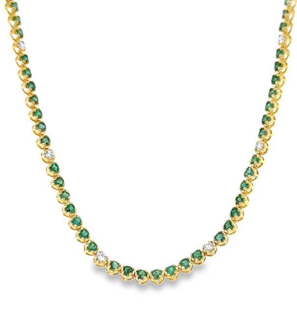 14KT YELLOW GOLD EMERALD AND DIAMOND TENNIS NECKLACE