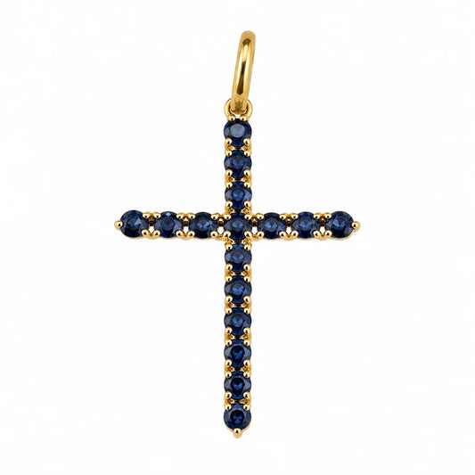 14KT YELLOW GOLD BLUE SAPPHIRE CROSS PENDANT