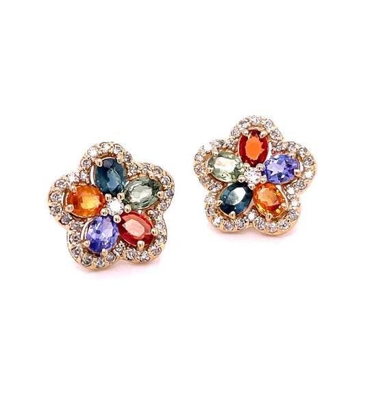 14KT YELLOW GOLD FLOWER MULTI SAPPHIRE DIAMOND EARRING