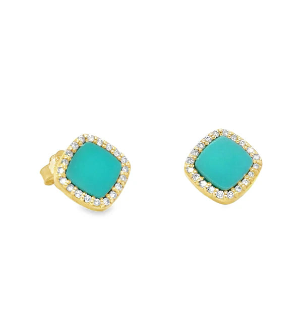 14KT YELLOW GOLD TURQUOISE WITH DIAMONDS SQUARE EARRING