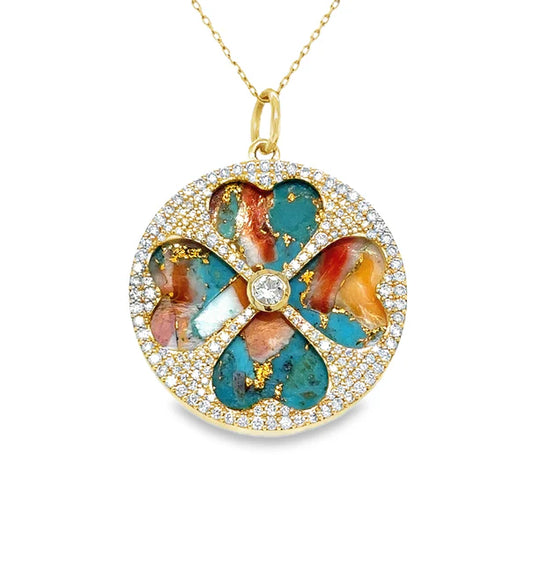 14KT YELLOW GOLD OYSTER TURQUOISE CLOVER PENDANT WITH DIAMONDS