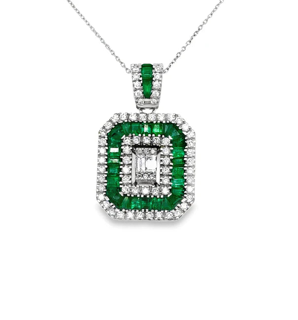 14KT WHITE GOLD EMERALD AND DIAMONDS PENDANT