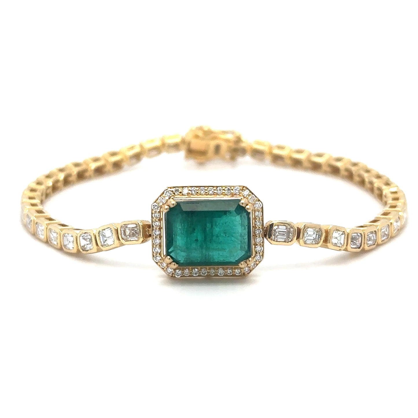 18KT YELLOW GOLD EMERALD OCT AND DIAMONDS TENNIS BRACELET