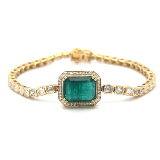 18KT YELLOW GOLD EMERALD OCT AND DIAMONDS TENNIS BRACELET