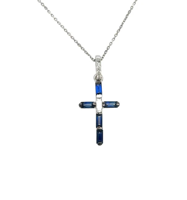 14KT WHITE GOLD SAPPHIRE AND DIAMONDS CROSS PENDANT