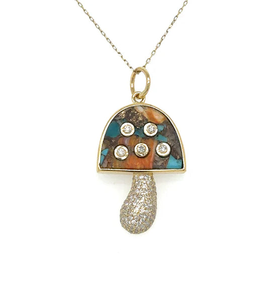 14KT YELLOW GOLD OYSTER TURQUOISE MUSHROOM PENDANT WITH DIAMONDS