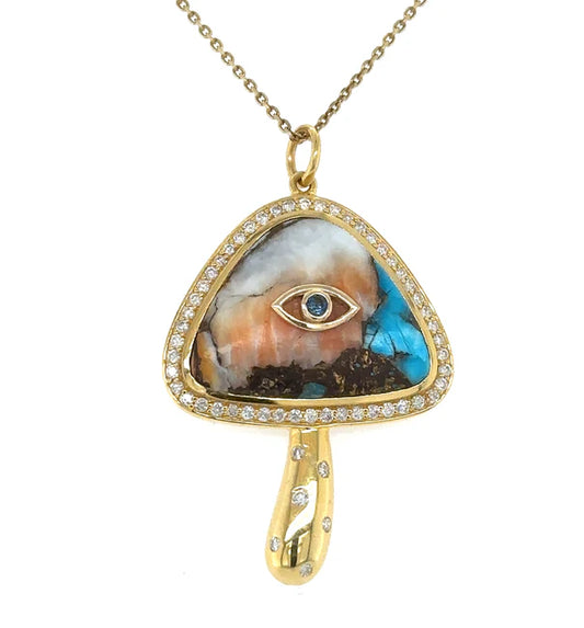 14KT YELLOW GOLD OYSTER TURQUOISE MUSHROOM PENDANT WITH DIAMONDS