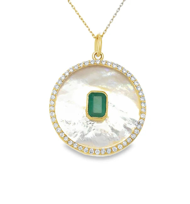 14KT YELLOW GOLD MOTHER OF PEARL PENDANT WITH EMERALD AND DIAMONDS