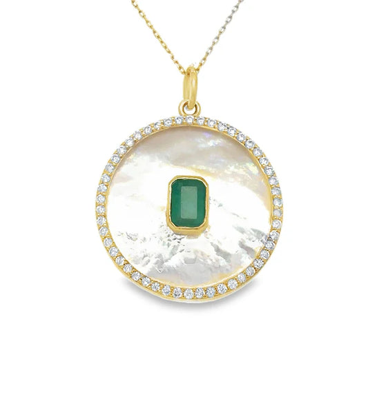 14KT YELLOW GOLD MOTHER OF PEARL PENDANT WITH EMERALD AND DIAMONDS
