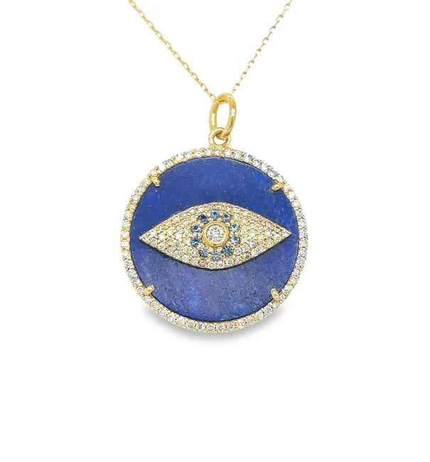 14KT YELLOW GOLD LAPIS EVIL EYE PENDANT WITH SAPPHIRE AND DIAMONDS