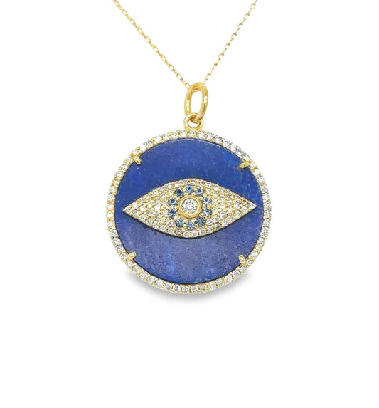 14KT YELLOW GOLD LAPIS EVIL EYE PENDANT WITH SAPPHIRE AND DIAMONDS