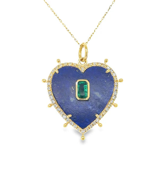 14KT YELLOW GOLD LAPIS HEART PENDANT WITH EMERALD AND DIAMONDS