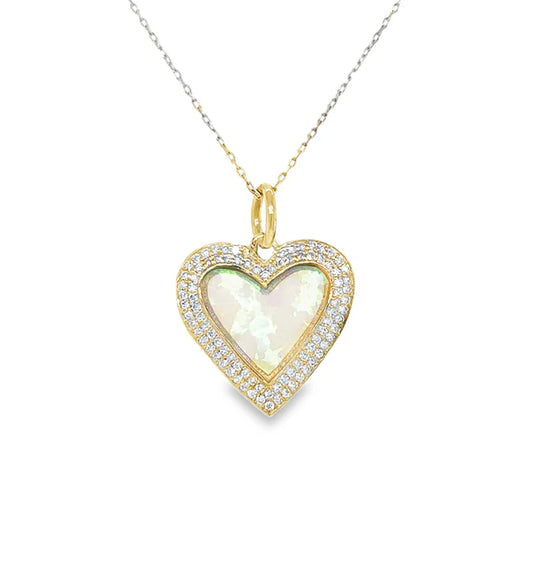 14KT YELLOW GOLD OPAL HEART PENDANT WITH DIAMONDS
