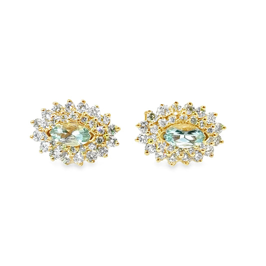 14KT GOLD AND WHITE GOLD AQUAMARINE AND DIAMONDS STUD EARRING