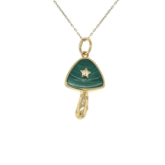 14KT YELLOW GOLD MALACHITE MUSHROOM STAR PENDANT WITH DIAMONDS