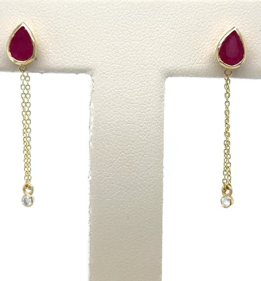 14KT YELLOW GOLD RUBY PEAR SHAPE EARRING