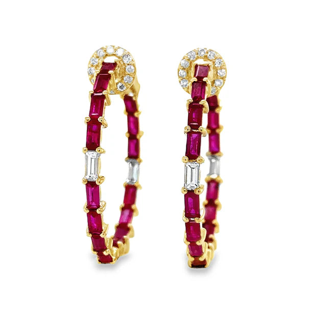 14KT YELLOW GOLD RUBY AND DIAMONDS HOOP EARING