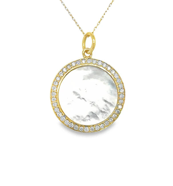 14KT YELLOW GOLD MOTHER OF PEARL DISK PENDANT WITH DIAMONDS